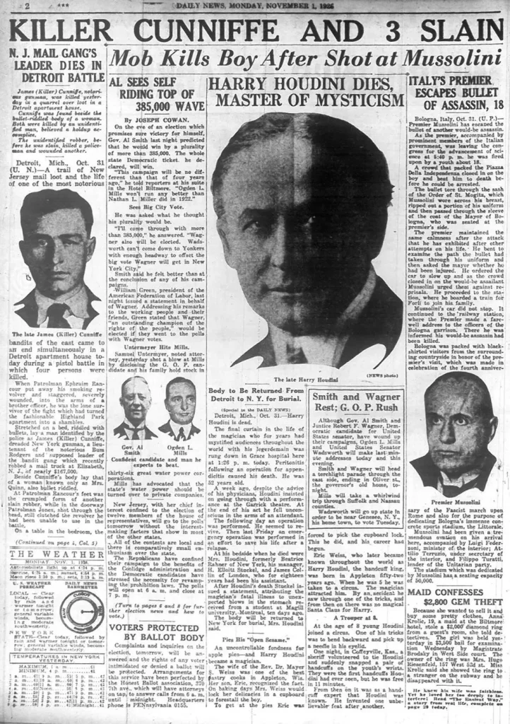 Harry Houdini - a post from the day after his death 1 houdini newspaper announcing his death
